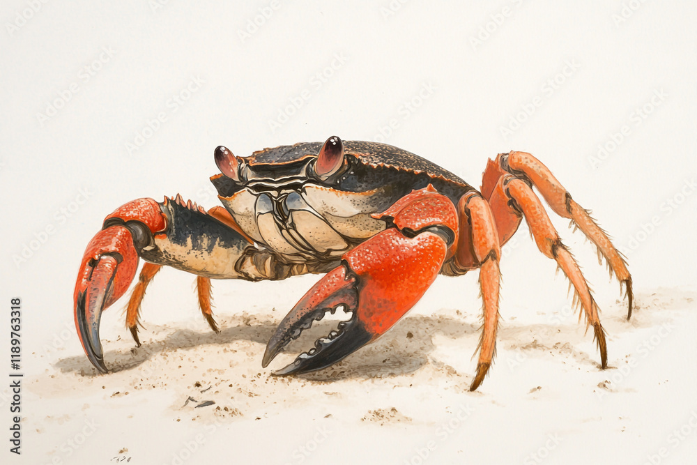 A Crab with a Red and Black Shell Ready to Walk on the Sand A Crab with a Red and Black Shell Ready to Walk on the Sand