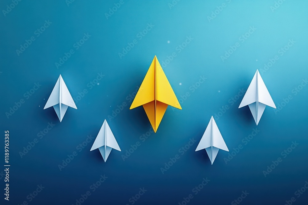 Creative Solutions with Yellow Paper Planes Overcoming Obstacles on Blue Background Creative Solutions with Yellow Paper Planes Overcoming Obstacles on Blue Background