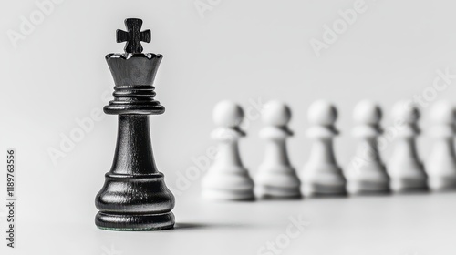 A black chess king stands prominently in front of a row of white pawns on a white background, symbolizing strategy and competition. photo