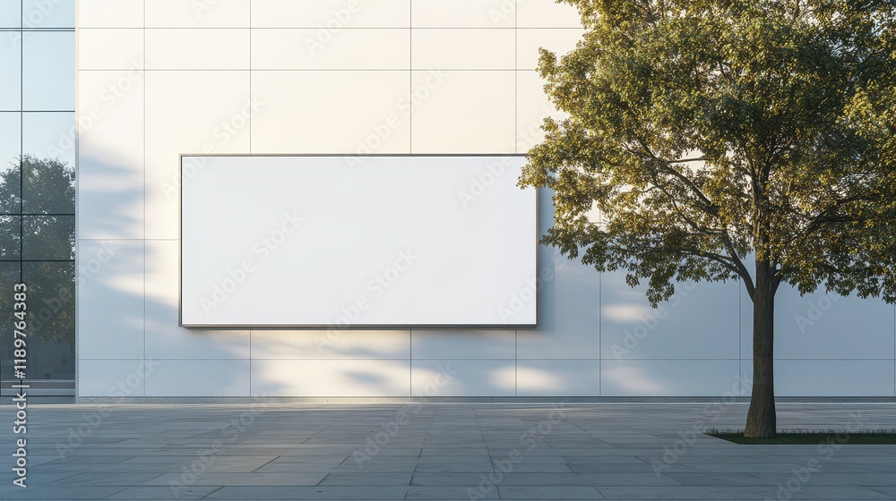Fototapeta premium A blank billboard on the facade of a modern building in daylight, designed as a mockup for outdoor advertisement.