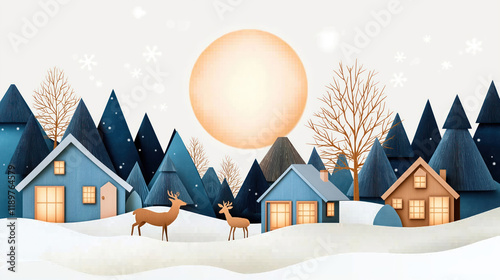 Winter wonderland scene shows paper cutouts of houses trees, deer under glowing full moon. Cozy village nestled in snowy mountains. Warm light shines from houses windows. Paper cut style gives image photo