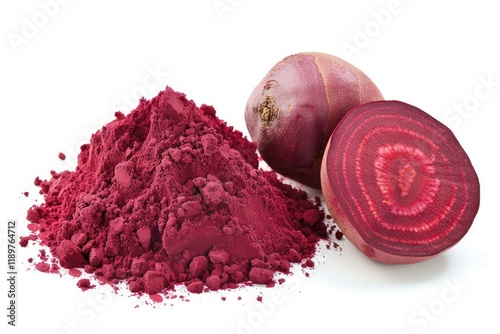 Ultra Quality Picture of Beetroot Beet Root Powder with Fresh Fruit Isolated on White Background