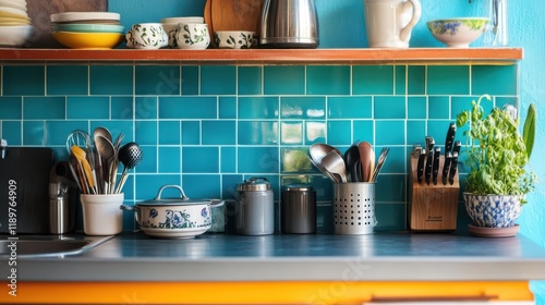 A blue tile home kitchen interior features a stylish counter and an array of kitchenware, with ample empty copy space for customization. photo