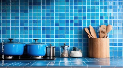 A blue tile home kitchen interior features a stylish counter and an array of kitchenware, with ample empty copy space for customization. photo