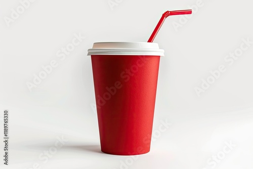 Detailed Color Image of Red Paper Cup with Straw Isolated on White Background