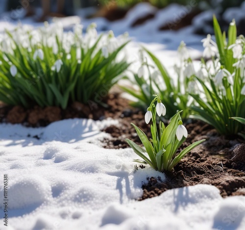 Wallpaper Mural Snowdrop growing through layer of compacted snow in garden landscape, cold weather, winter flora, plant growth Torontodigital.ca