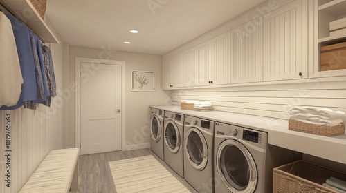 A bright and functional laundry room features a row of washing machines and a bench for convenience. photo