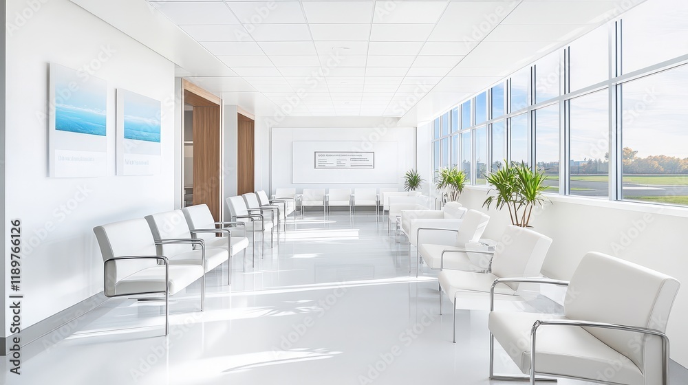 Fototapeta premium Bright white waiting room interior with minimalist design, featuring sleek furniture and a modern aesthetic.