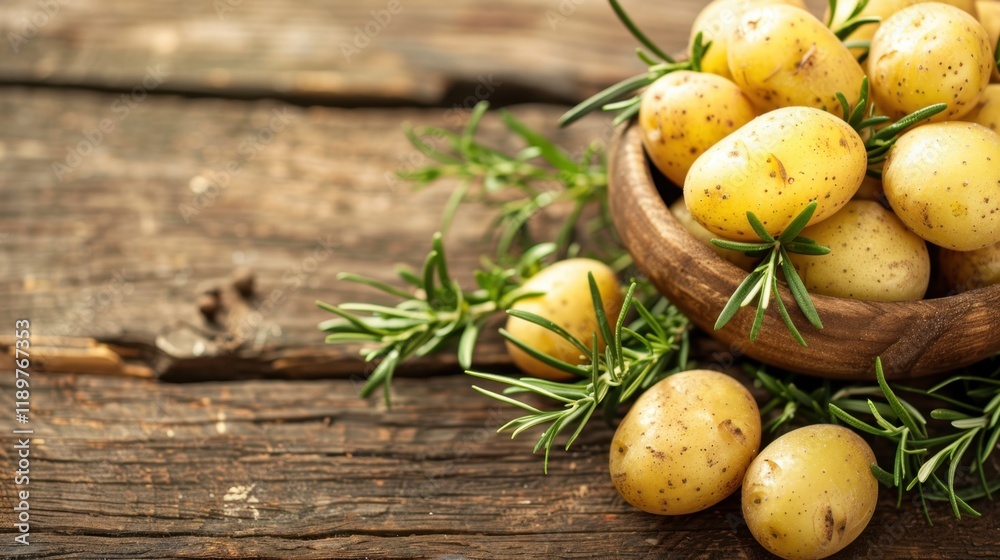 Fresh yellow potatoes in wooden bowl with rosemary on rustic wooden table. Perfect for cooking and adding flavor to dishes Fresh yellow potatoes in wooden bowl with rosemary on rustic wooden table. Perfect for cooking and adding flavor to dishes