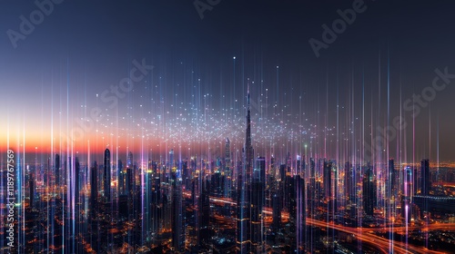 Fototapeta Naklejka Na Ścianę i Meble -  A captivating night city panorama, enhanced with a glowing network hologram that overlays the cityscape, symbolizing digital connectivity and technological advancement.