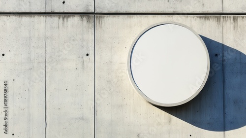 A circular sign board mockup mounted on a beige concrete wall outdoors, featuring an empty display space for custom designs or advertisements. photo