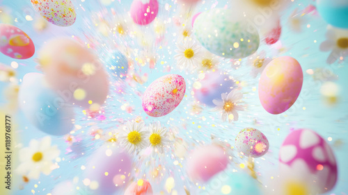 A swirl of pastel Easter eggs spins through the air, surrounded by petals and sparkles, bursting with vibrant spring energy and festive joy