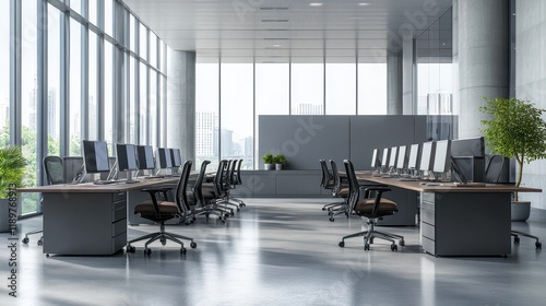 A clean and organized office workspace featuring rows of desks with PC desktops, complemented by large windows allowing natural light. photo