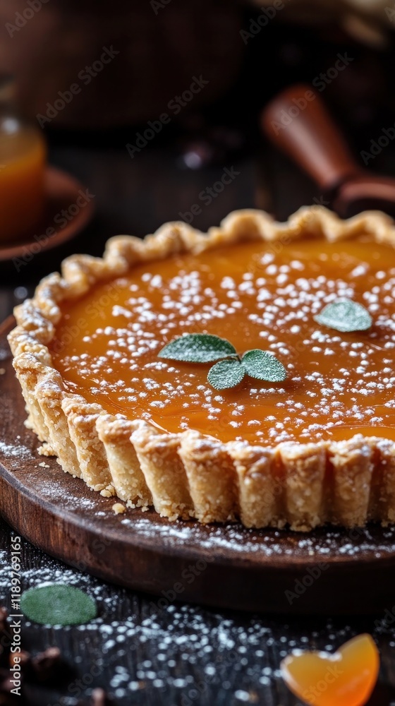 Mouthwatering close up of a homemade citrus infused tart with a delicate pastry crust drizzled with a sweet honey glaze and garnished with fresh mint leaves