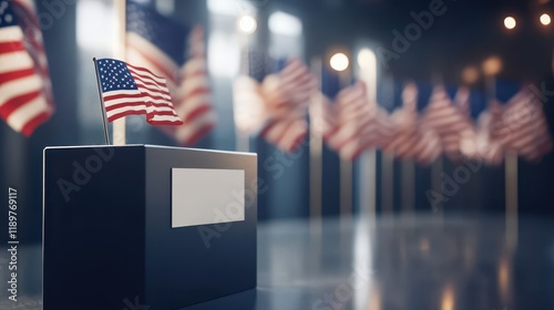 A close-up of a ballot box with a row of American flags in the background, representing the concept of voting and the importance of civic engagement in elections. photo