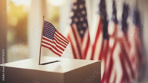 A close-up of a ballot box with a row of American flags in the background, representing the concept of voting and the importance of civic engagement in elections. photo