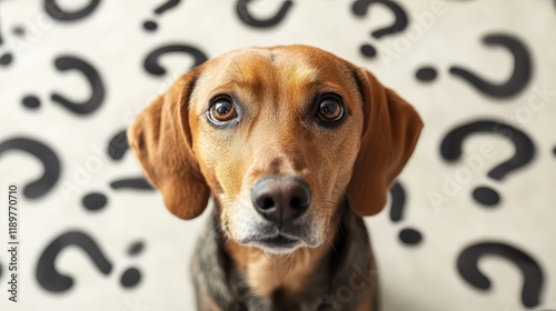A confused dog surrounded by question marks, conveying a sense of curiosity or bewilderment.