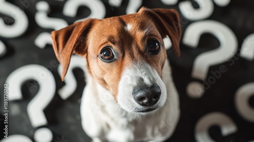 A confused dog surrounded by question marks, conveying a sense of curiosity or bewilderment. photo