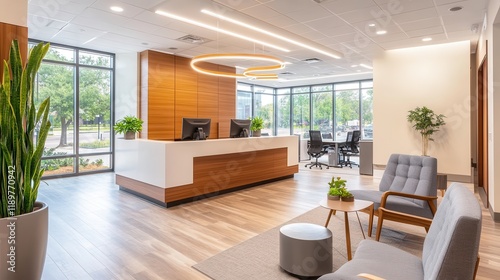 A corner of a modern office with a clean, open design featuring wooden and white elements. photo