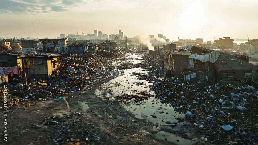 A view of a polluted urban landscape with garbage and makeshift housing under a sunset. A view of a polluted urban landscape with garbage and makeshift housing under a sunset.