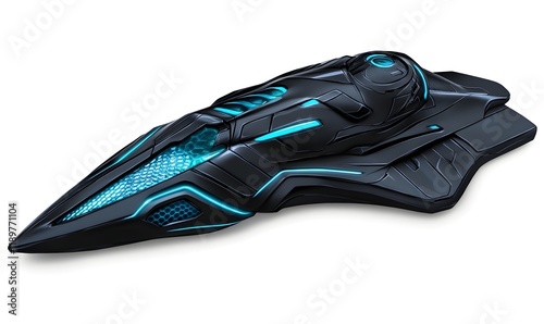 Fototapeta Naklejka Na Ścianę i Meble -  Futuristic black spaceship with cyan lights, isolated on white.
