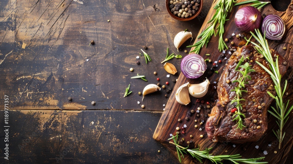 Freshly prepared steak with herbs and spices on wooden board, garnished with onions and garlic, creating rustic and appetizing presentation Freshly prepared steak with herbs and spices on wooden board, garnished with onions and garlic, creating rustic and appetizing presentation