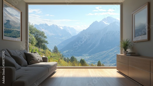 A cozy chill room interior features a comfortable couch and a dresser positioned near a panoramic window, with a mockup frame displayed prominently. photo