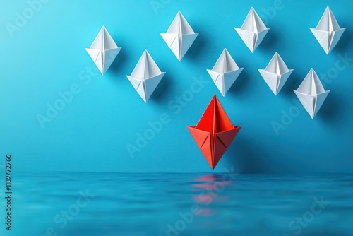 Red Paper Boat Navigating Away from White Group on Blue Background Represents Innovation and Unique Leadership photo