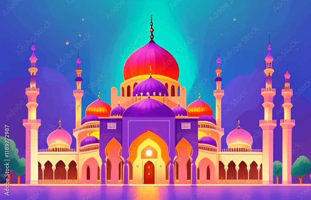 Obraz premium Beautiful and colorful illustration of a mosque with trees, flowers and peaceful sky, amazing, serene, tranquil, vibrant