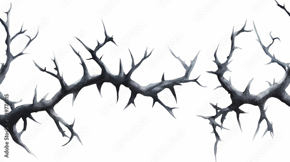 Fototapeta premium Halloween horizontal seamless border of black thorn branches. watercolor hand painted isolated illustration on white background. Thornshade. Illustration