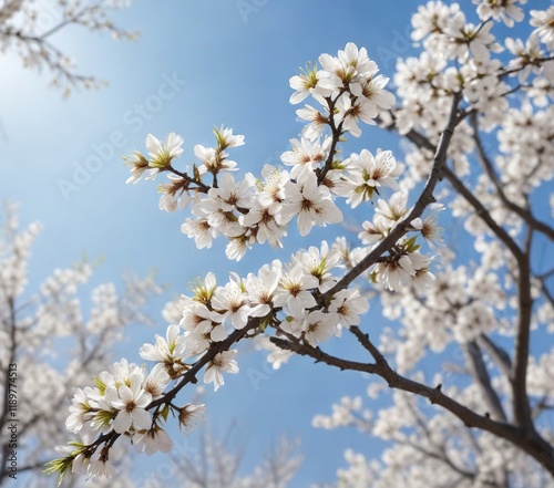 stunning almond tree branches with vibrant white flowers against a hazy blue sky out of focus in the background with empty space at center, springtime blossoms, flower bloom, serene scene