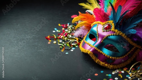 Máscara de carnaval colorida y vibrante con plumas multicolores y adornos dorados sobre un fondo oscuro con confeti, capturando la esencia de la celebración y la festividad