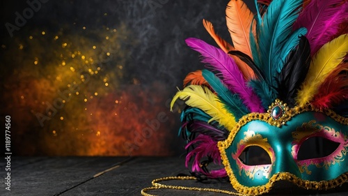 Máscara de carnaval colorida con plumas vibrantes y ornamentos dorados sobre un fondo oscuro con luces de bokeh, perfecta para celebraciones y festivales temáticos photo