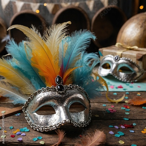 Máscaras venecianas con plumas coloridas en una mesa de madera para fiestas y celebraciones