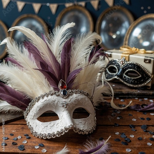 Máscaras de carnaval blanca y elegante con plumas y gemas decorativas en un entorno festivo y refinado