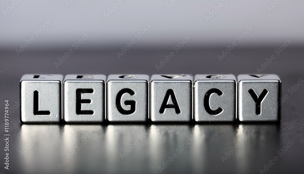 Obraz premium 英単語のlegacyの文字が書かれたキューブブロックが横に並んでいる。aiで生成