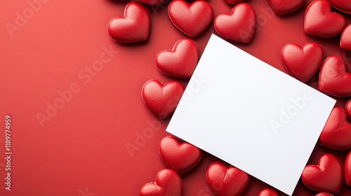 Blank Card Surrounded by Red Heart Shapes on Red Background
