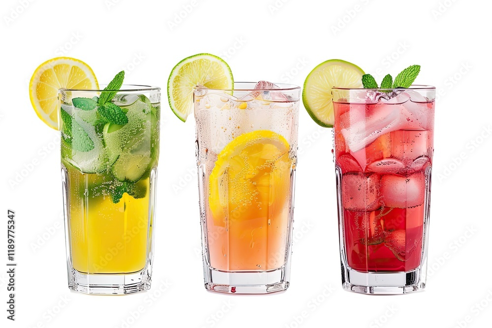 Vibrant Color Visual of Glasses with Tasty Lemonades Isolated on White Background Vibrant Color Visual of Glasses with Tasty Lemonades Isolated on White Background
