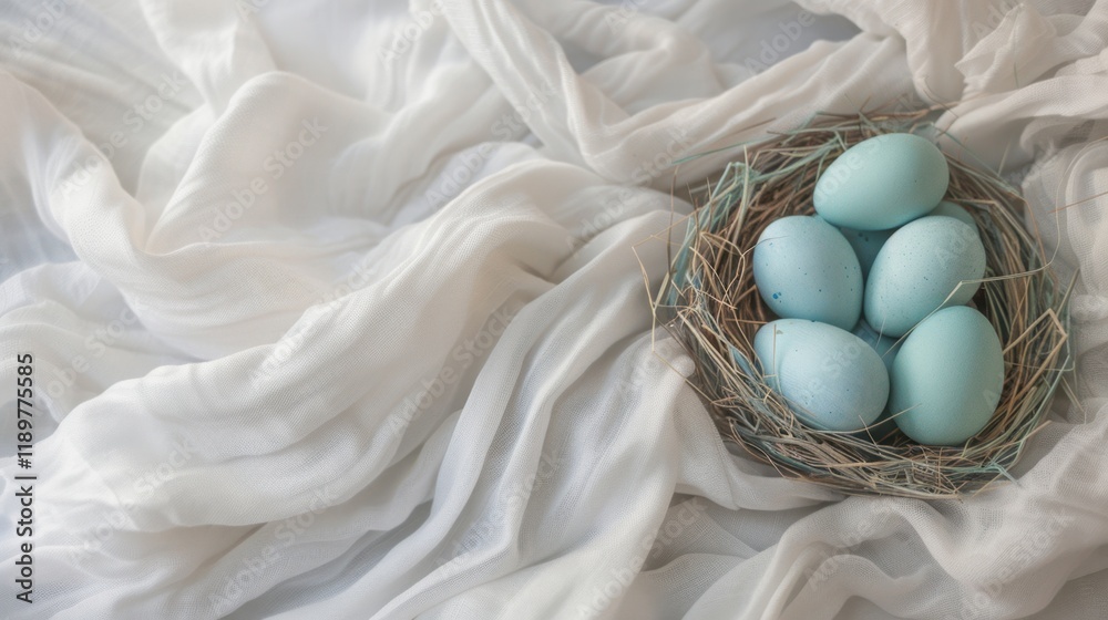 Soft blue eggs nestled in natural nest on flowing white fabric background, creating serene and tranquil atmosphere perfect for spring themes Soft blue eggs nestled in natural nest on flowing white fabric background, creating serene and tranquil atmosphere perfect for spring themes