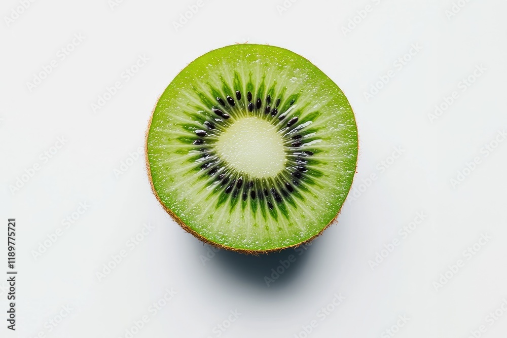 A perfectly sliced kiwi fruit shows its vibrant green interior A perfectly sliced kiwi fruit shows its vibrant green interior