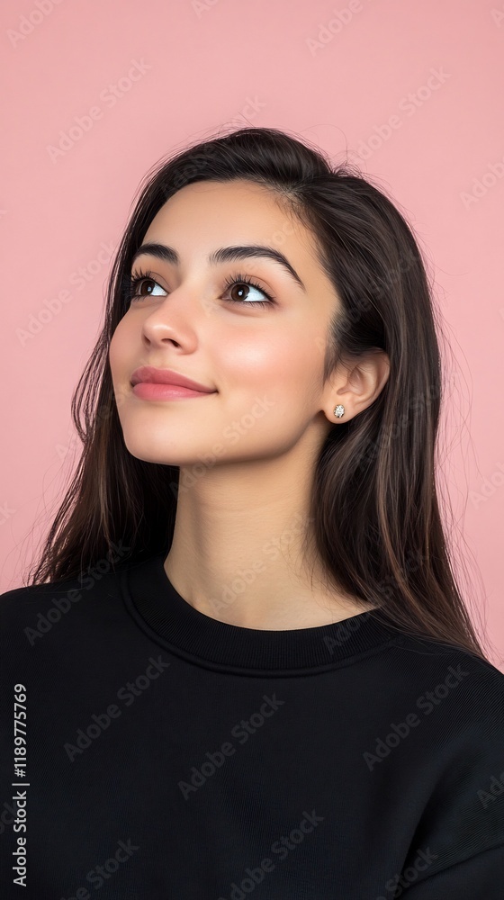 Woman looking up, pink background, thoughtful expression, portrait Woman looking up, pink background, thoughtful expression, portrait