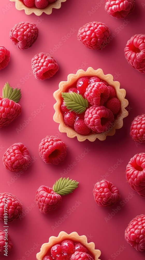Delicious homemade raspberry tarts or mini pies with fresh ripe raspberries mint leaves and other vibrant fruit garnishes arranged on a vivid pink background Delicious homemade raspberry tarts or mini pies with fresh ripe raspberries mint leaves and other vibrant fruit garnishes arranged on a vivid pink background