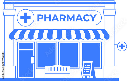 Pharmacy store building isolated illustration. Drugstore icon isolated on white background. One color line art infographic. Health care concept. Blue outline graphic. Editable stroke.