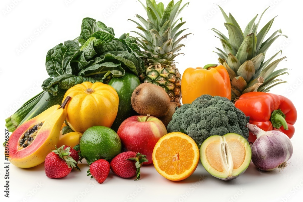 Group of Tropical Fresh Fruits and Vegetables Isolated on White Background Group of Tropical Fresh Fruits and Vegetables Isolated on White Background