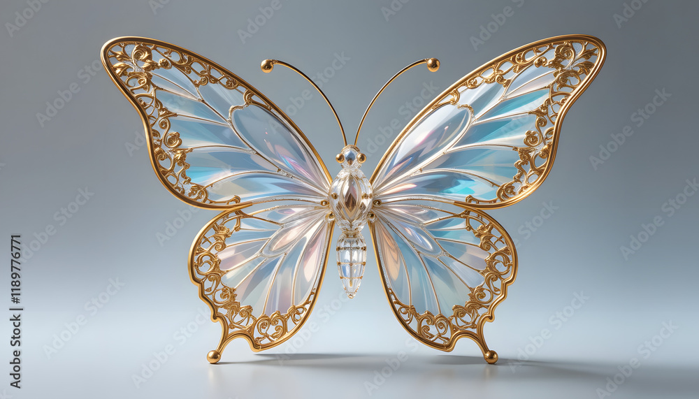 Elegant Crystal Butterfly Sculpture with Gold Filigree and Pastel-Colored Wings Elegant Crystal Butterfly Sculpture with Gold Filigree and Pastel-Colored Wings