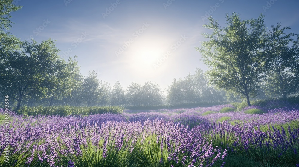A bright morning view of a lavender field in full bloom under a clear blue sky. A bright morning view of a lavender field in full bloom under a clear blue sky.