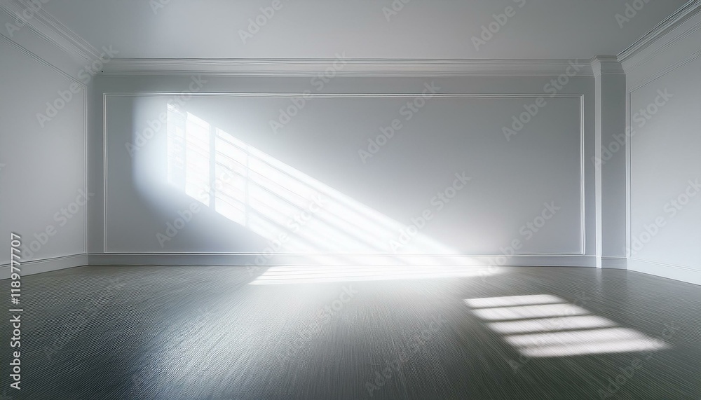 Obraz premium Sunlight streams into an empty room, illuminating the gray floor and white walls.