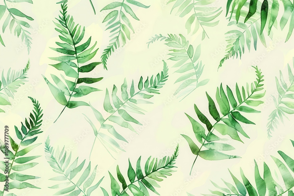A pattern of green ferns on a light background, ideal for nature-themed designs. A pattern of green ferns on a light background, ideal for nature-themed designs.