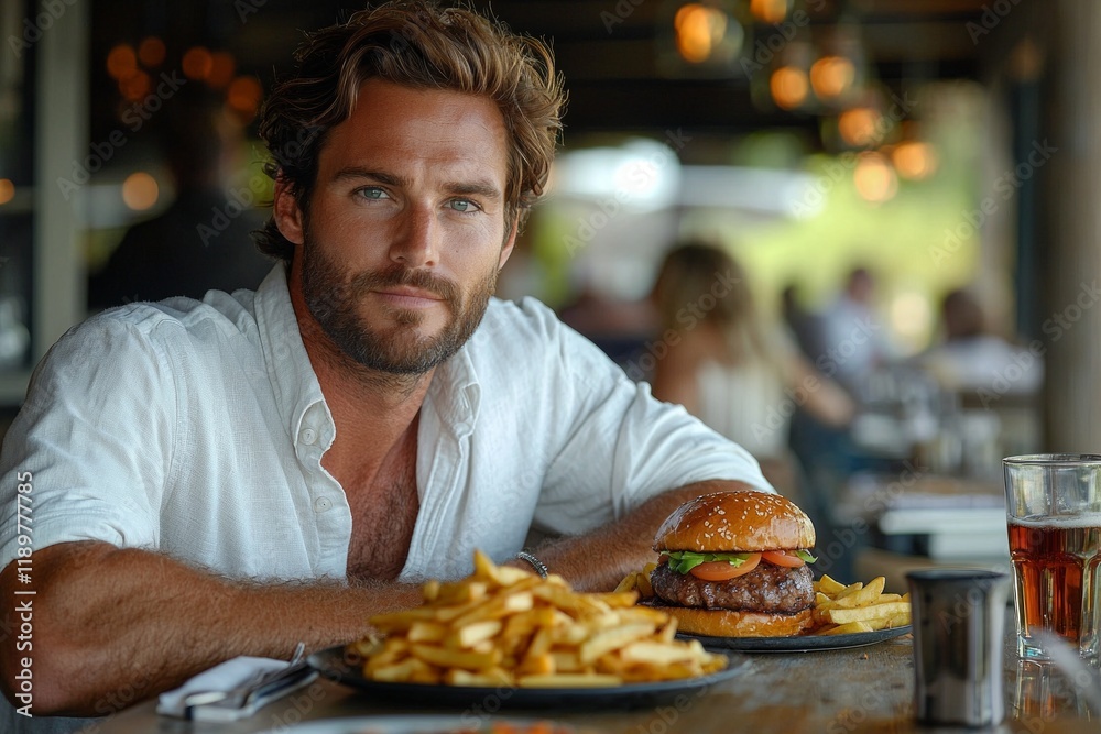stylish man well groomed beard sits casually dining table juicy burger and fries in front of him about take bite in warm inviting setting. stylish man well groomed beard sits casually dining table juicy burger and fries in front of him about take bite in warm inviting setting.