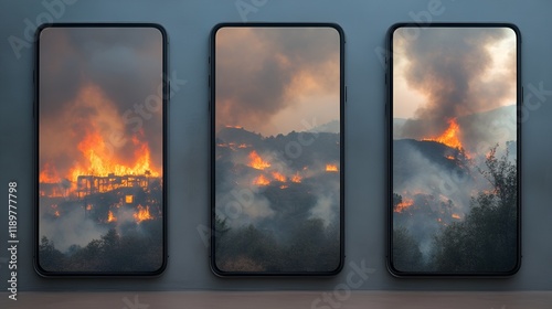 *A triptych-style arrangement of 3 smartphones displaying a wildfire scene with the blurred hills background - brushfire - emergency - tragedy - home loss - burned down 